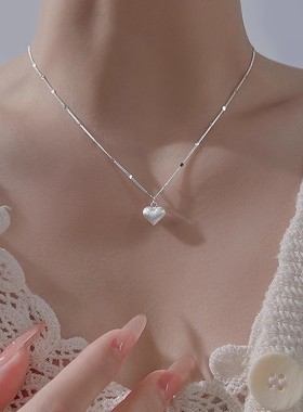 s925纯银拉丝爱心项链女ins小众轻奢甜美磨砂心形超闪亮片锁骨链