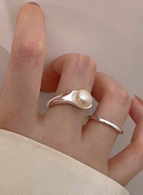 s925纯银珍珠戒指女 冷淡风ins法式气质时尚极简小众设计开口指环