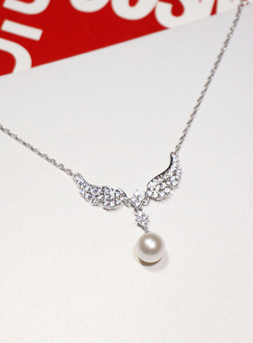 跨境s925银珍珠项链时尚简约天使之翼翅膀灵动项坠锁骨链DIY空托