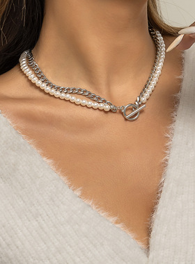 欧美双层嘻哈珍珠拼接锁骨链女简约甜酷风串珠链条OT项链时尚首饰