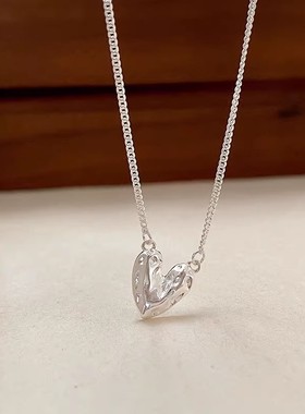 s925纯银不规则爱心项链女ins冷淡风熔岩纹理设计简约心形锁骨链