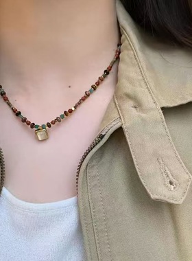 新中式美拉德仿虎眼石串珠项链女新款气质复古个性几何百搭毛衣链
