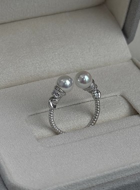 s925纯银强光施家双珍珠麻花戒指女中古老钱风高级感秋冬复古指环