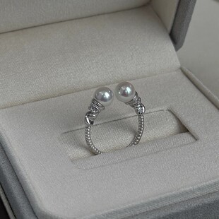 s925纯银强光施家双珍珠麻花戒指女中古老钱风高级感秋冬复古指环