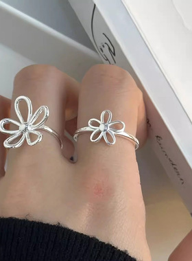 s925纯银镂空花朵戒指女ins夏季小清新甜美简约小花推拉设计指环