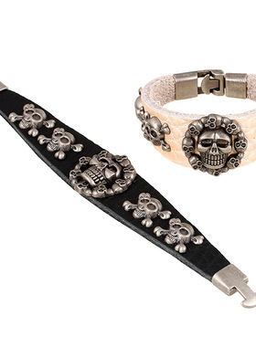 手链欧美新款对扣真皮手链 庞克跨境骷髅头牛皮手链朋克饰品