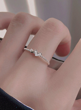 s925纯银双爱心戒指女ins轻奢小众设计甜美简约镶钻心形开口指环