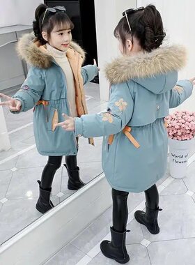 女童冬装棉衣2022新款韩版时尚绣花棉服中大童加厚大毛领棉袄外套