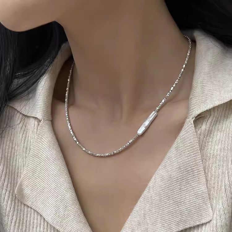 s925纯银天然巴洛克小银条珍珠碎银子项链ins复古法式轻奢锁骨链
