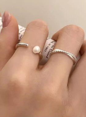 s925纯银线条交叉双层戒指女ins极简百搭细戒小银珠精致素圈指环