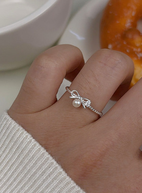 新概念s925纯银蝴蝶结淡水珍珠戒指女甜美轻奢少女心精致闪钻指环