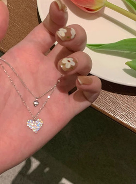 s925纯银双层爱心项链女ins夏季小众轻奢设计甜美心形闪钻锁骨链