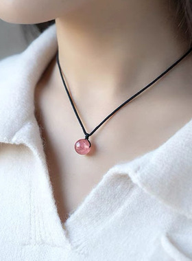 新款金曜石锁骨链草莓晶简约情侣项链黑绳黑玛瑙吊坠锁骨链