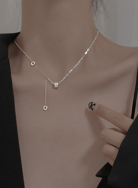 s925纯银小蛮腰项链女冷淡风ins轻奢小众设计拼接镶钻流苏锁骨链