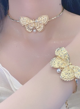 重工幻境蝴蝶珍珠手镯项圈单根简约复古法式轻奢高级锁骨链配饰潮