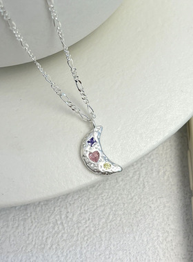 s925纯银月亮彩色锆石项链女ins夏季甜美简约少女心肌理感锁骨链