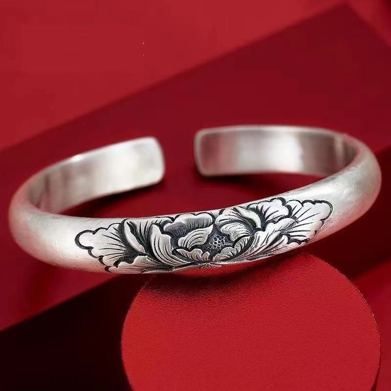 文艺优雅国风牡丹花立体雕刻铜镀银开口手镯简约轻奢气质手镯直销