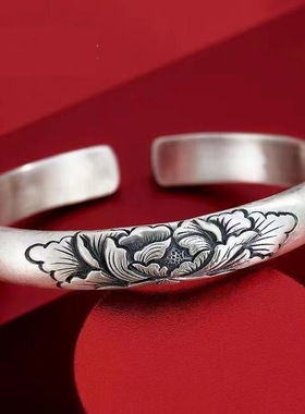 文艺优雅国风牡丹花立体雕刻铜镀银开口手镯简约轻奢气质手镯直销