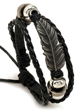 欧美外贸时尚流行饰品简约合金羽毛串珠皮革手链个性潮流男女手环