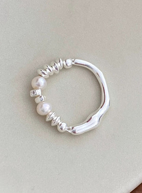 s925纯银淡水珍珠戒指女ins法式小众设计不规则巴洛克弹力绳指环