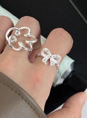 s925纯银蕾丝蝴蝶结戒指女 在逃公主ins夏季甜美精致简约镂空指环