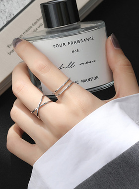 s925纯银交叉双线戒指女ins冷淡风个性极简双层线条素圈开口指环