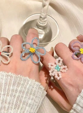 夏日多巴胺彩色花朵串珠戒指女小众独特甜美可爱百搭指环2024新款