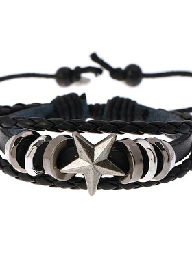 厂家直销货源五角星串珠牛皮手链个性编织学生饰品可调节皮革手链