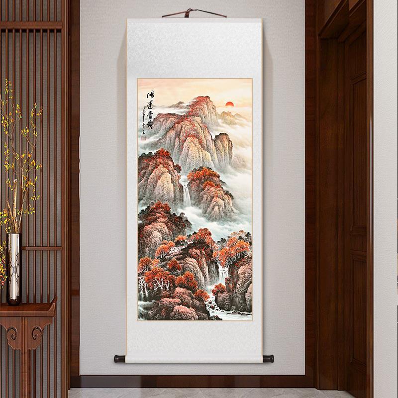 鸿运当头国画山水挂画竖版客厅玄关装饰壁画办公室靠山图卷轴字画