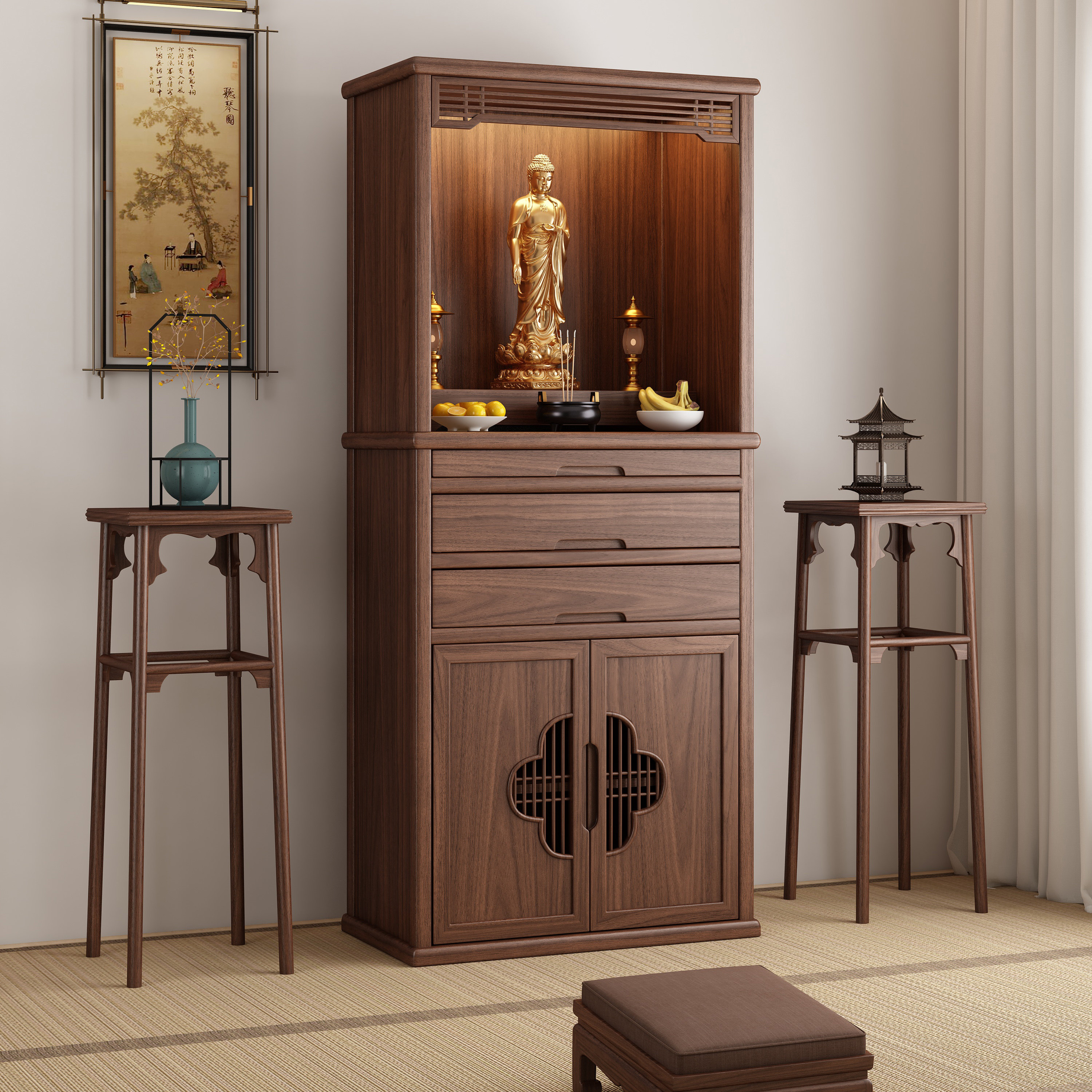 新中式黑胡桃木佛龛观音菩萨家用佛龛供桌神台佛堂财神爷带门神龛