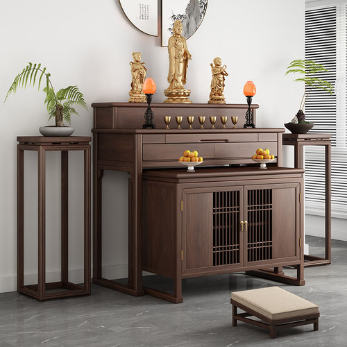 实木双层供桌香案家用佛龛神台新中式套柜黑胡桃木供桌观音财神桌