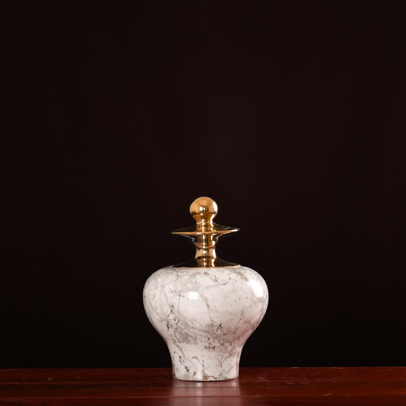 家居陶瓷摆件轻奢风格--金大理石纹梅瓶盖罐花瓶