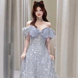 一字肩晚礼服蓝色超仙学生演出主持公主裙2025新款法式高端敬酒服