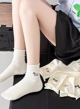 白色袜子女士中筒袜春夏款ins潮日系卷边堆堆袜卡通可爱小狗长袜