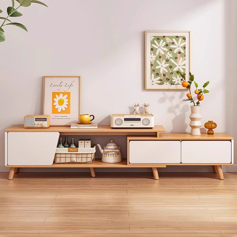速发电视柜简约合户型实电腿茶几木视柜组小伸缩电视机柜客厅