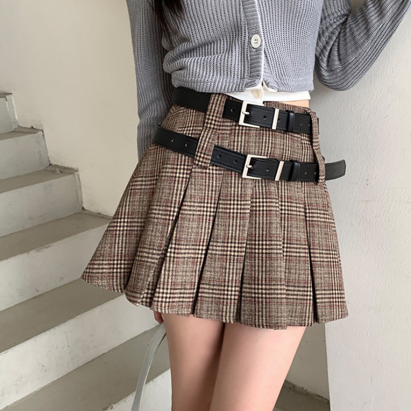 速发美式k古学院风格纹半身裙甜辣j复百褶裙高腰a字格子短裙子