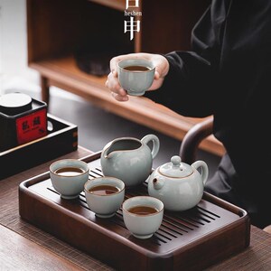 速发复古冰窑茶具用装家套开片汝裂釉陶瓷一壶四杯功夫茶壶公道杯