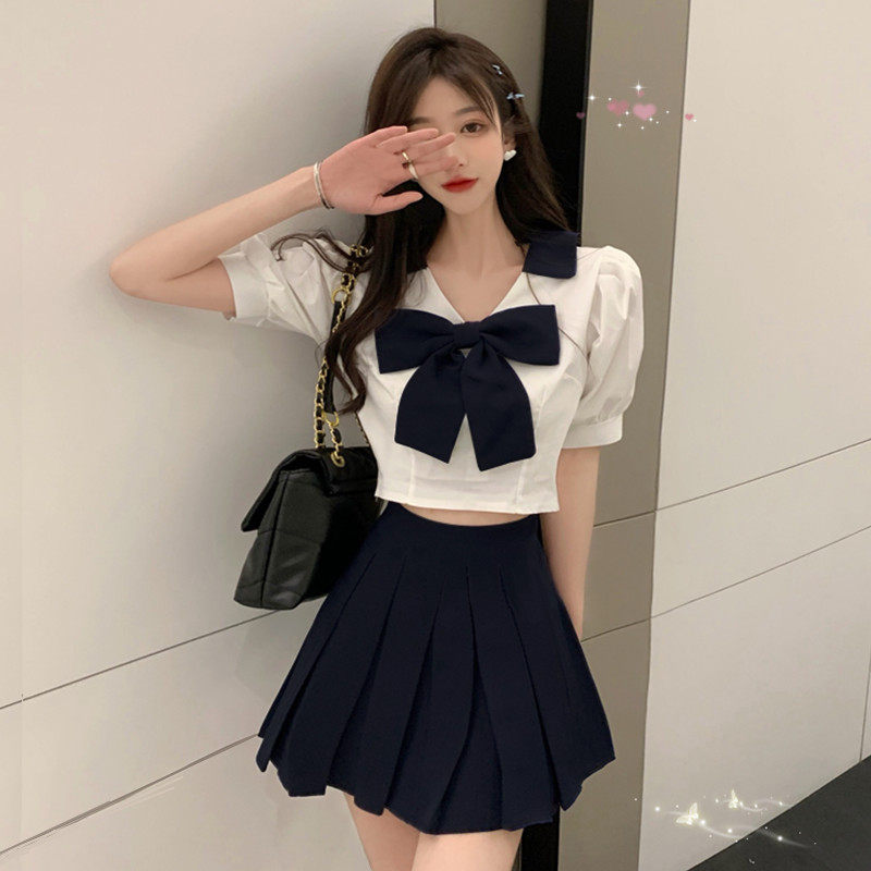 速发妹k短款软j学院风甜辣服上衣制短纯欲美式校园套装裙