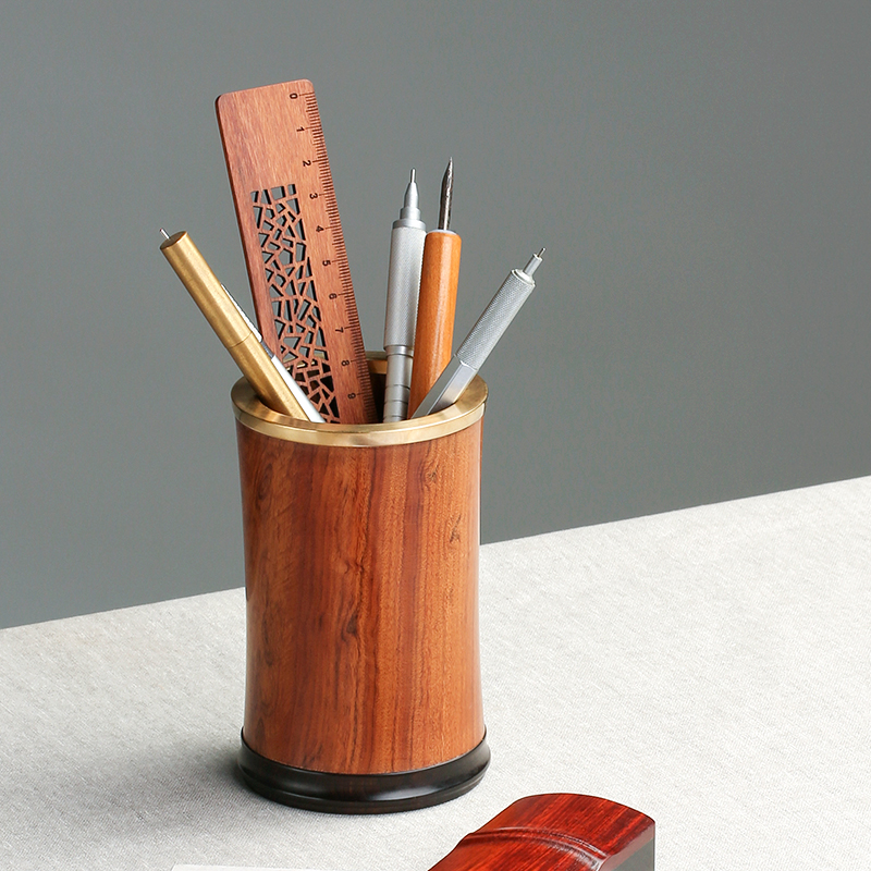 速发红木复古笔筒办公室桌面置件收纳盒艺质摆物 实木术金属儿童