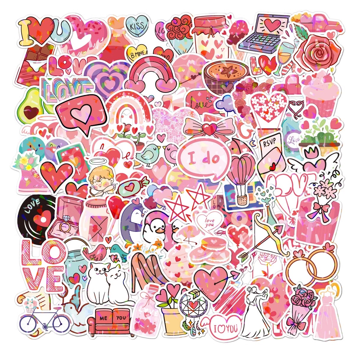 460枚个性潮玩全息镭射闪光情人节爱情涂鸦贴纸笔记本电脑平板吉他手机后壳diy礼物装饰婚礼保温水杯贴画防水