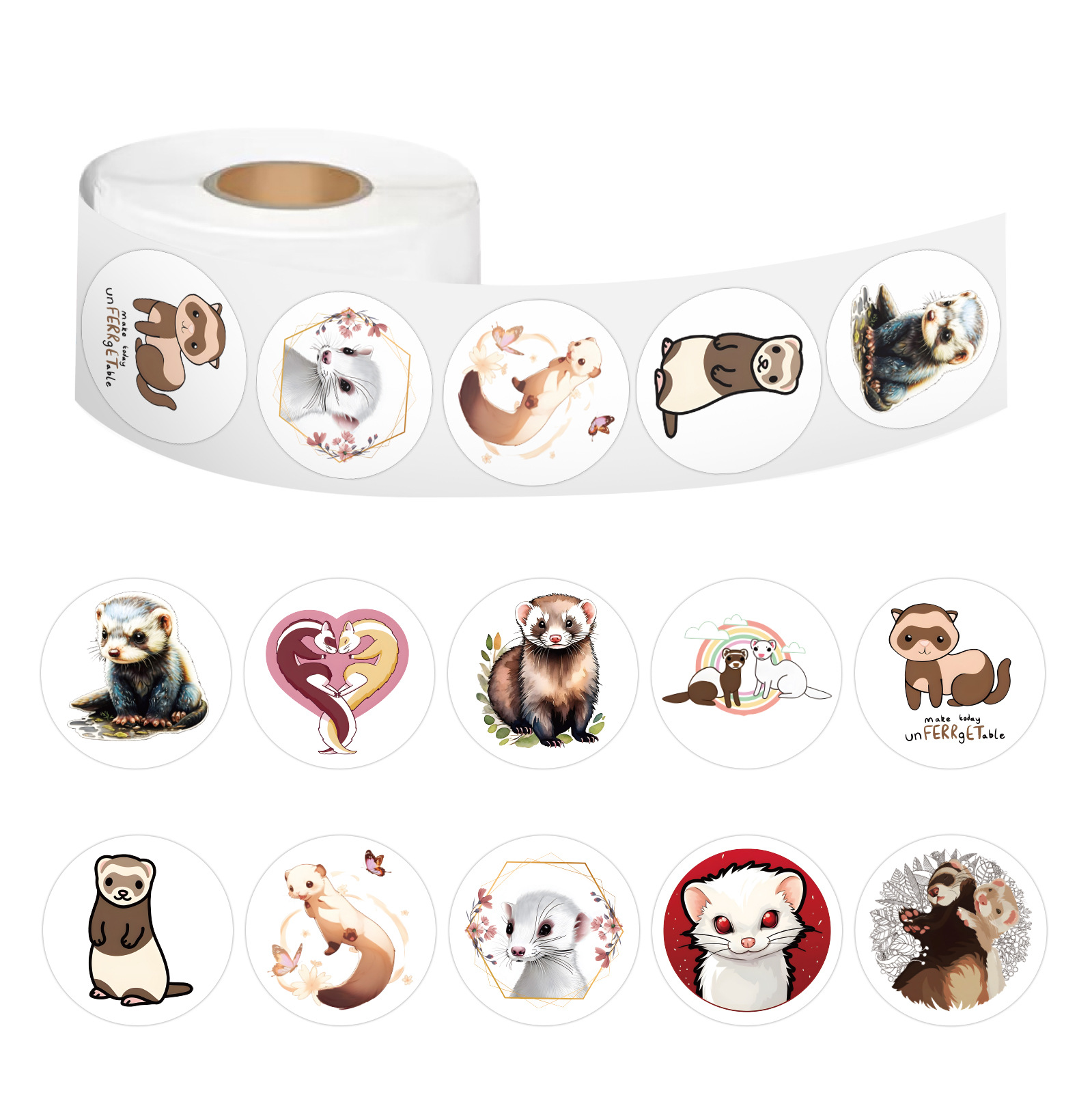 500贴卡通可爱动物雪貂圆形迷你小贴纸卷卷贴女孩儿童奖励电动车笔