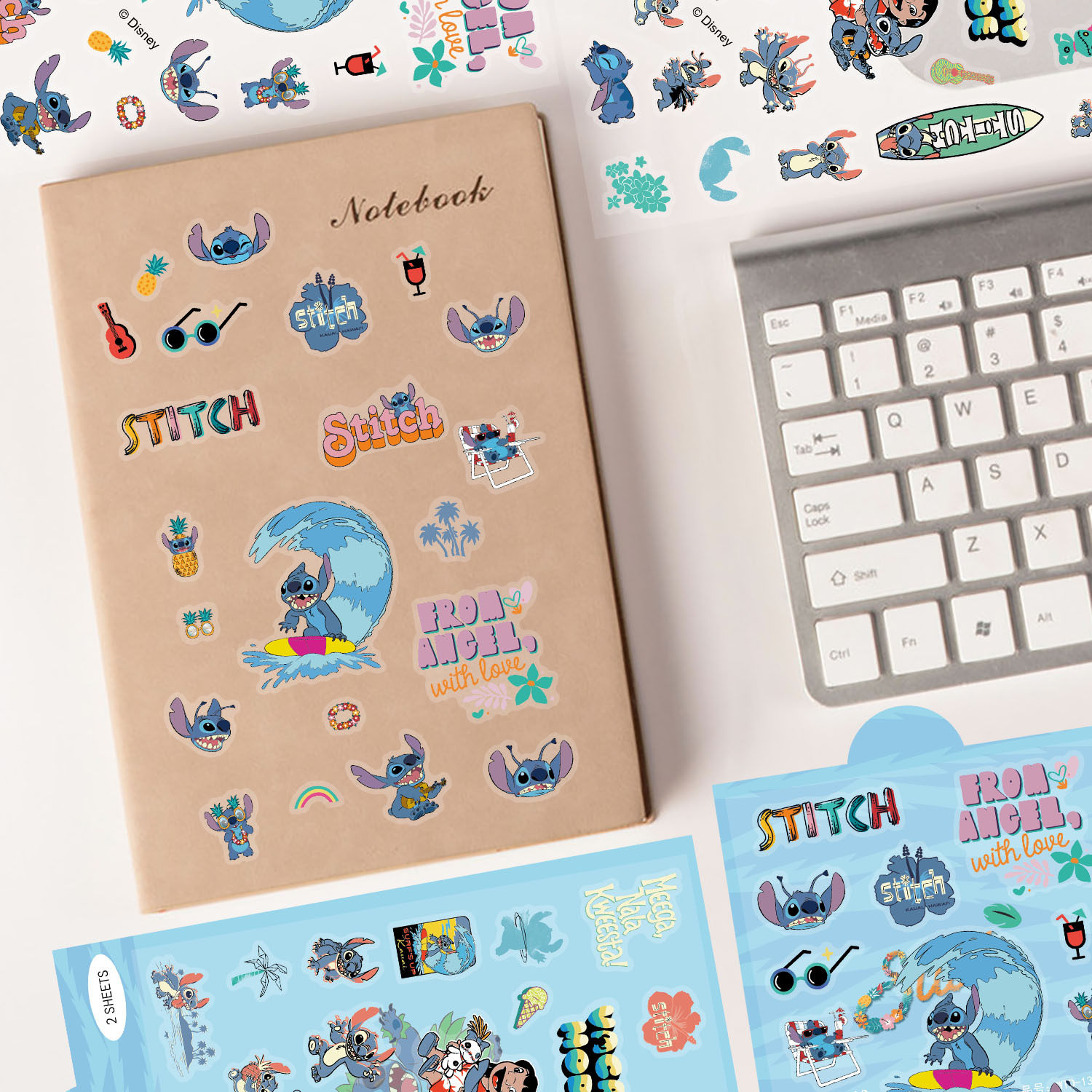 2张迪士尼卡通透明无白边超薄星际宝贝史迪奇仔贴纸创意装饰笔记本手机玻璃水杯吉他平板浴室瓷砖贴画防水PET