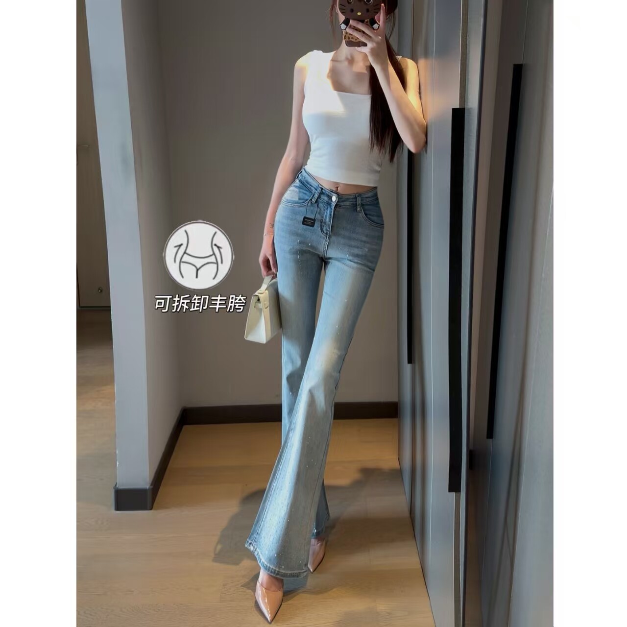 V腰丰胯提臀烫钻微喇裤图片