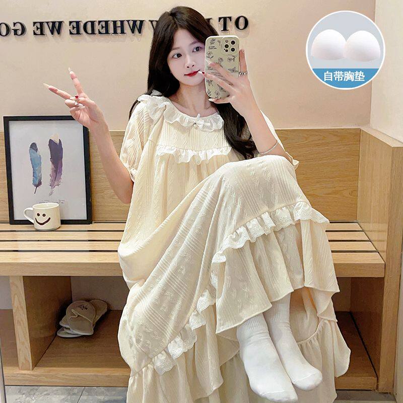 睡裙带胸垫一体式可外穿女款夏季2026新款甜美公主风短袖睡衣长款