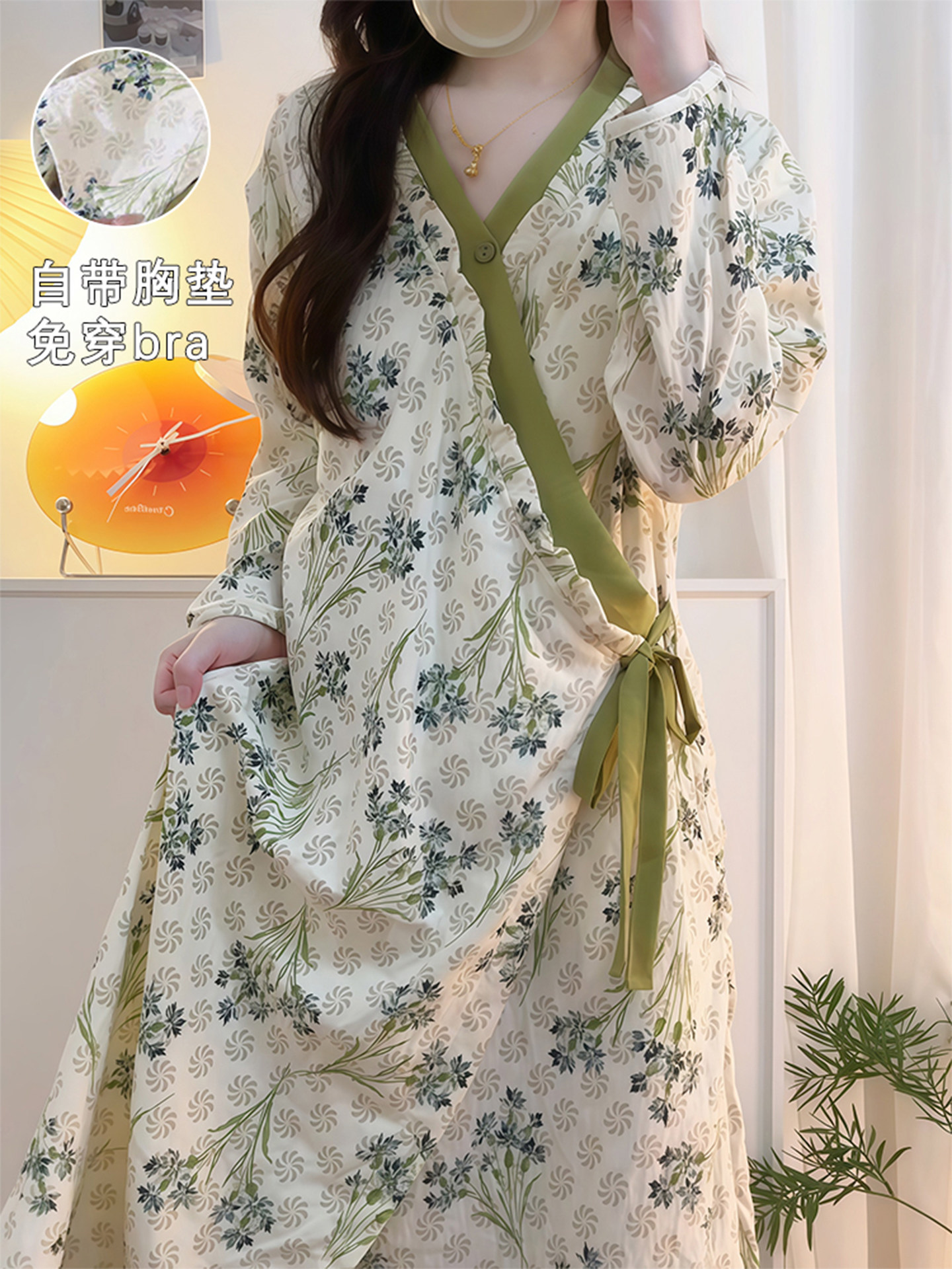 新中式睡衣女春秋2025新款带胸垫长袖和服睡裙浴袍家居服外穿冬季