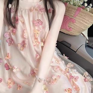法式 甜美少女小个子海边度假氛围感裙子 浪漫无袖 挂脖连衣裙女夏季