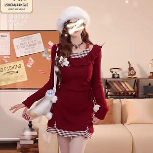 辣妹圣诞红色格子荷叶连衣裙长袖春秋季新款收腰显瘦短裙裙子
