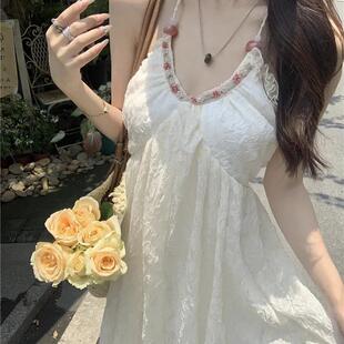 新款 在逃公主裙洛月花神夏季 純欲大露背掛脖吊帶連衣裙女綁帶長(zhǎng)裙