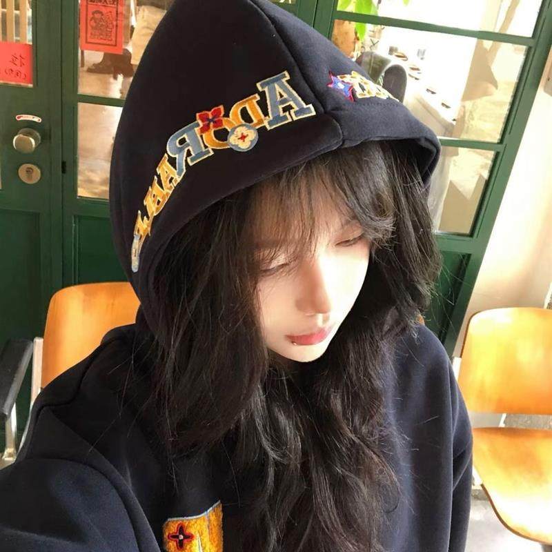 美式高街字母刺绣连帽卫衣女oversize秋冬国潮牌高级宽松情侣外套