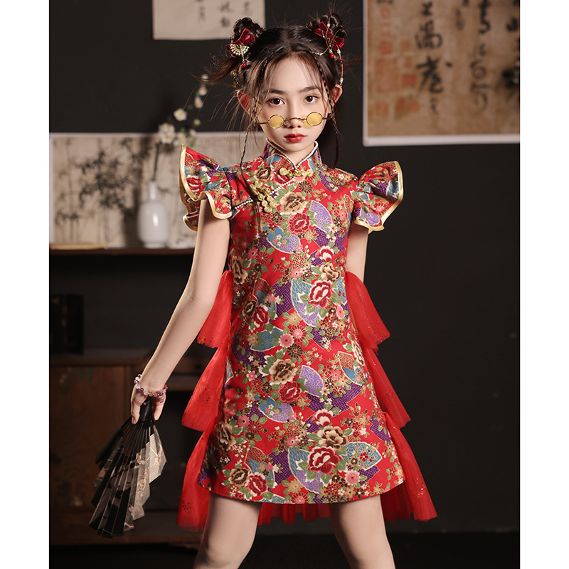 女童旗袍国潮风红色改良2024新款儿童走秀潮服模特T台演出服夏季